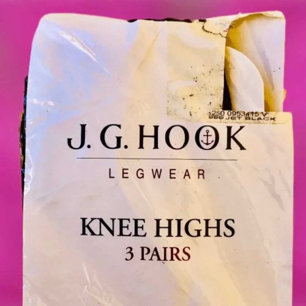 Vintage J.G. Hook Nylon KNEE HIGH Stockings Jet Black Lot of 3 Pairs New